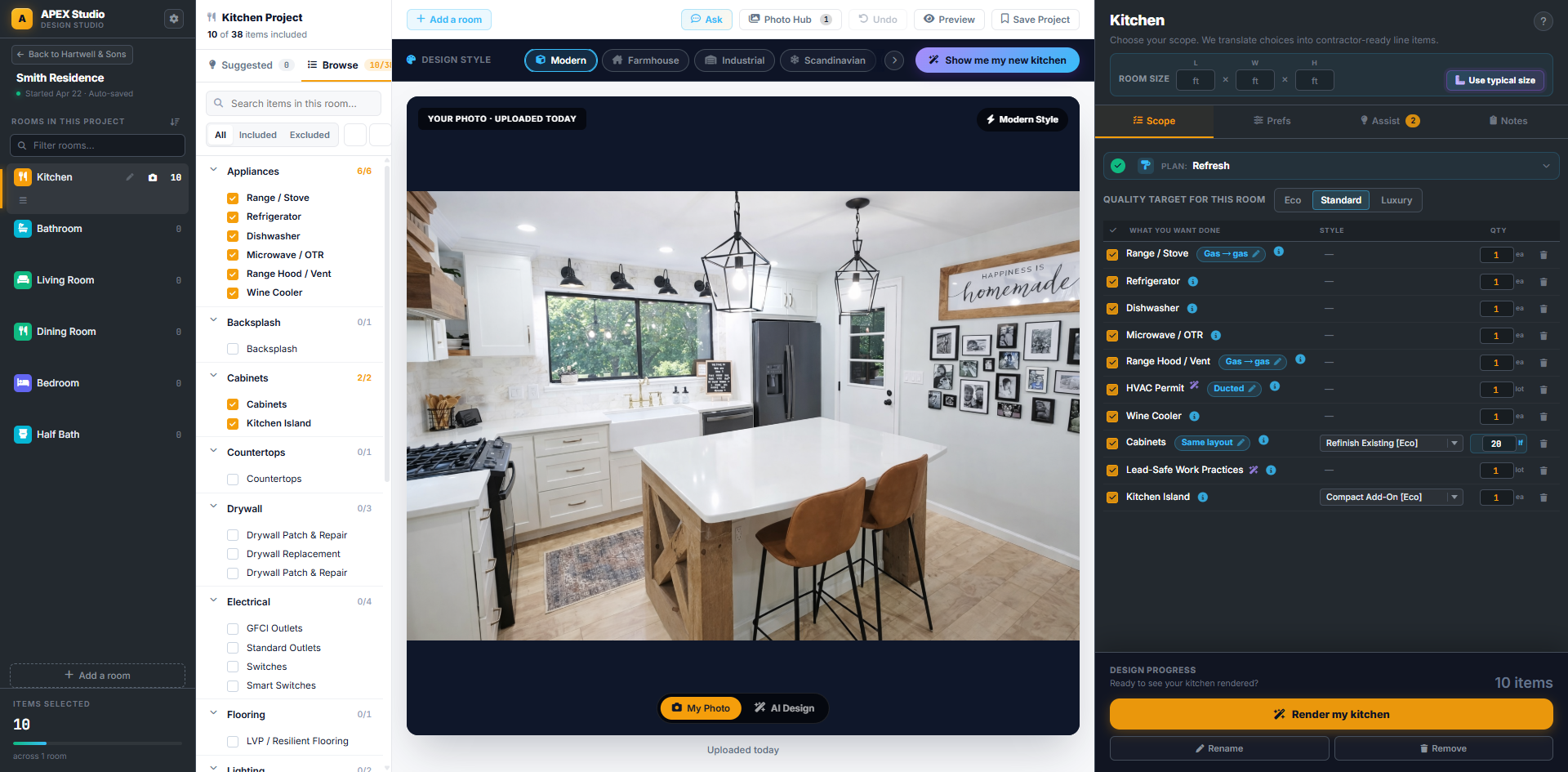 APEX Design Studio interface — homeowner-facing remodel design tool showing kitchen project with finish selections, scope tiers, and live pricing